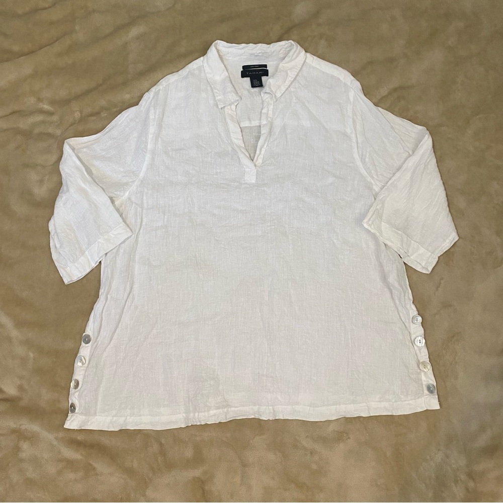 Tahari white linen collared tunic top size 2X buttons 3/4 sleeve coastal beach